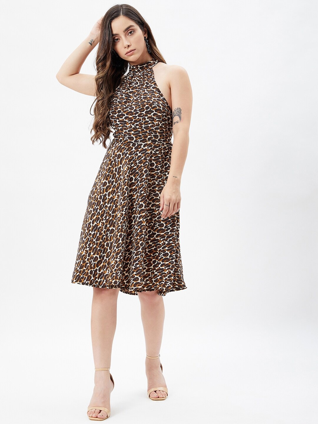 

Kibo Animal Halter Neck Crepe A-Line Dress, Brown