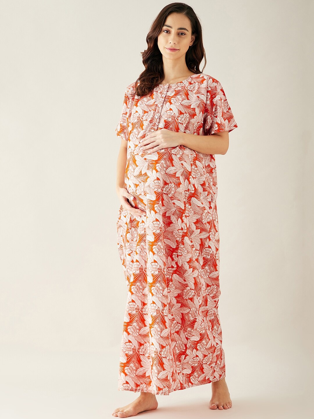 

The Kaftan Company Women Printed Maternity Maxi Nightdress, Orange