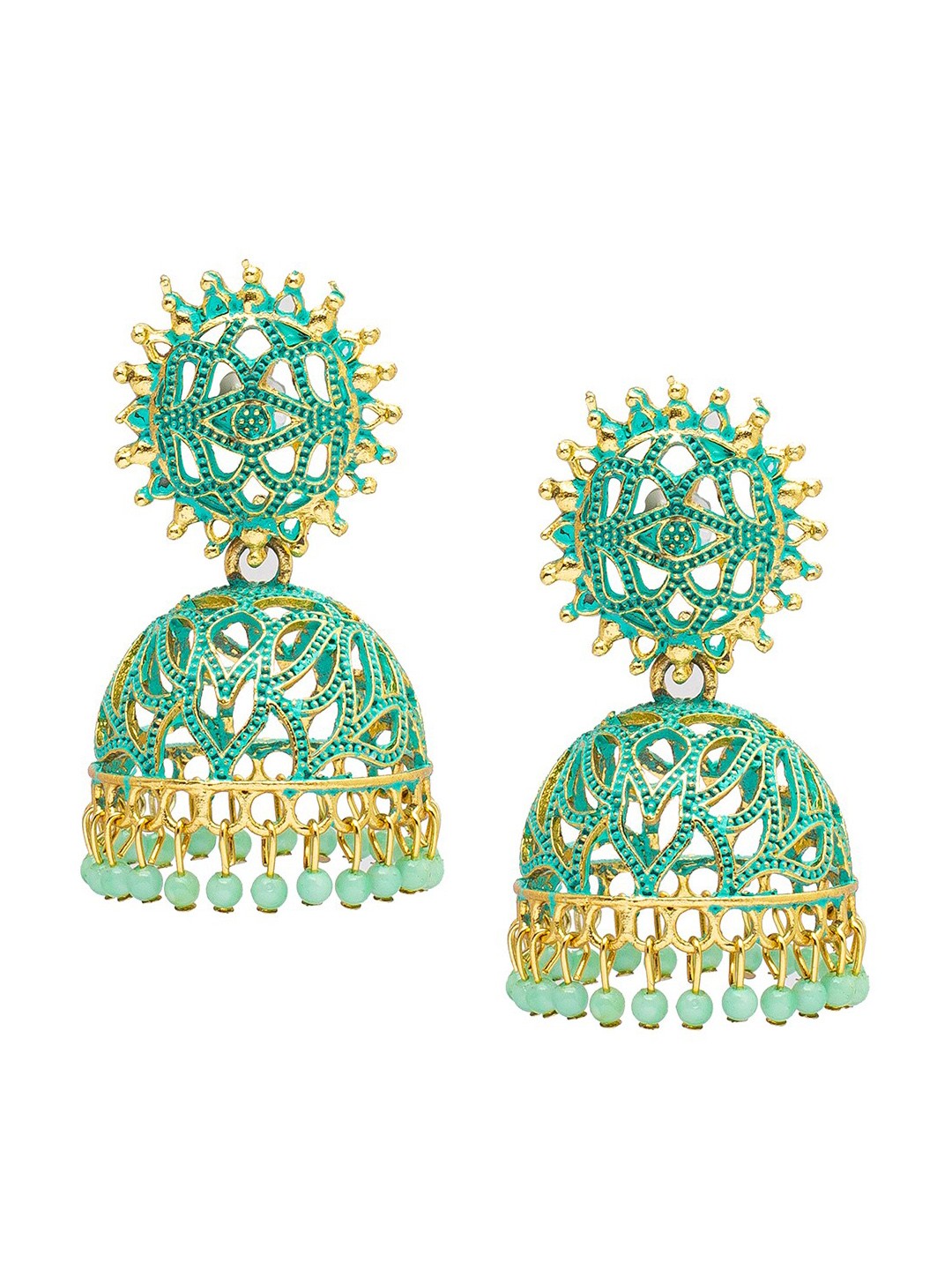 

Shining Jewel - By Shivansh Gold-Plated Dome Shaped Jhumkas Earrings, Turquoise blue