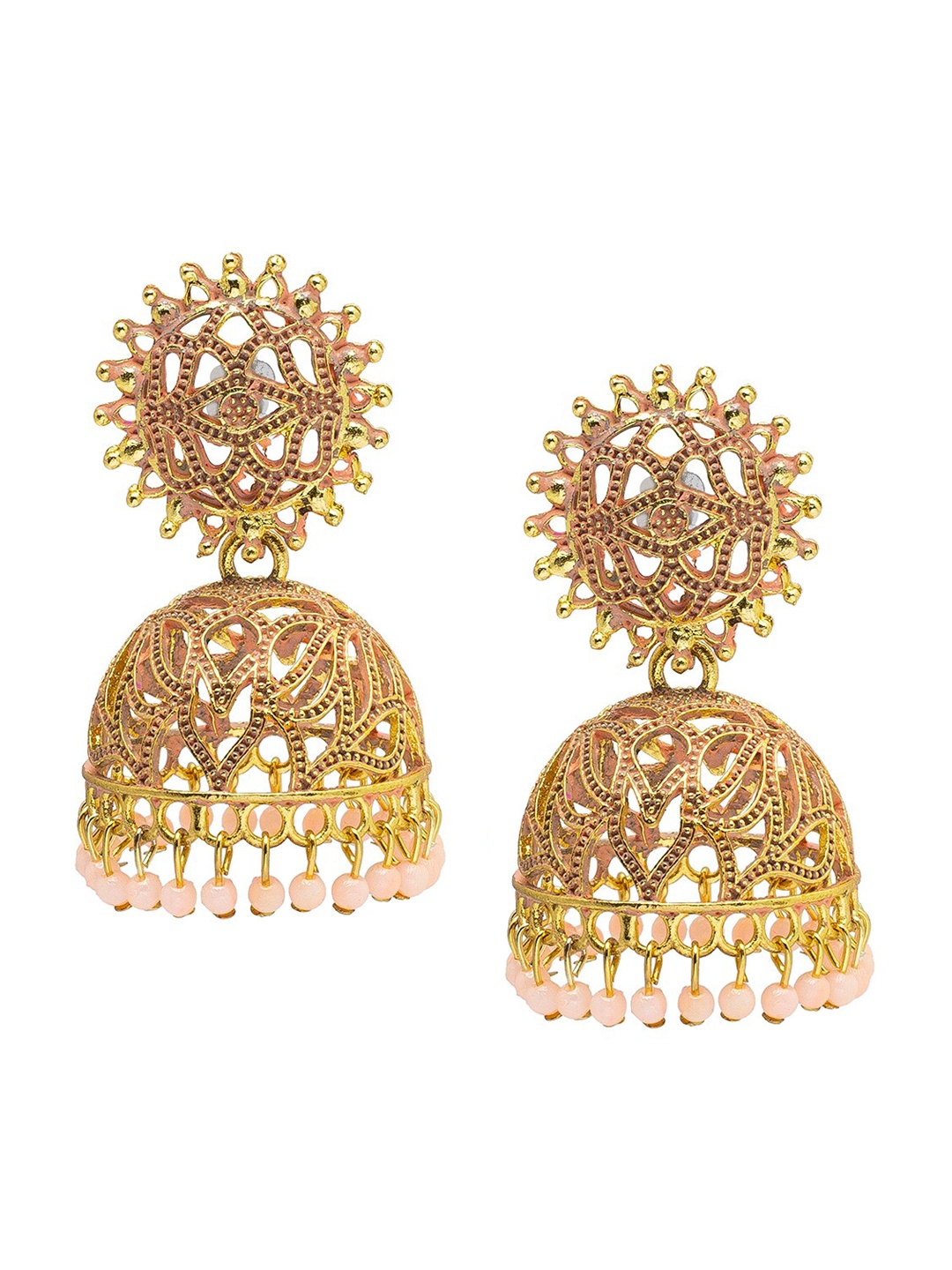 

Shining Jewel - By Shivansh Gold-Plated Dome Shaped Jhumkas Earrings, Pink