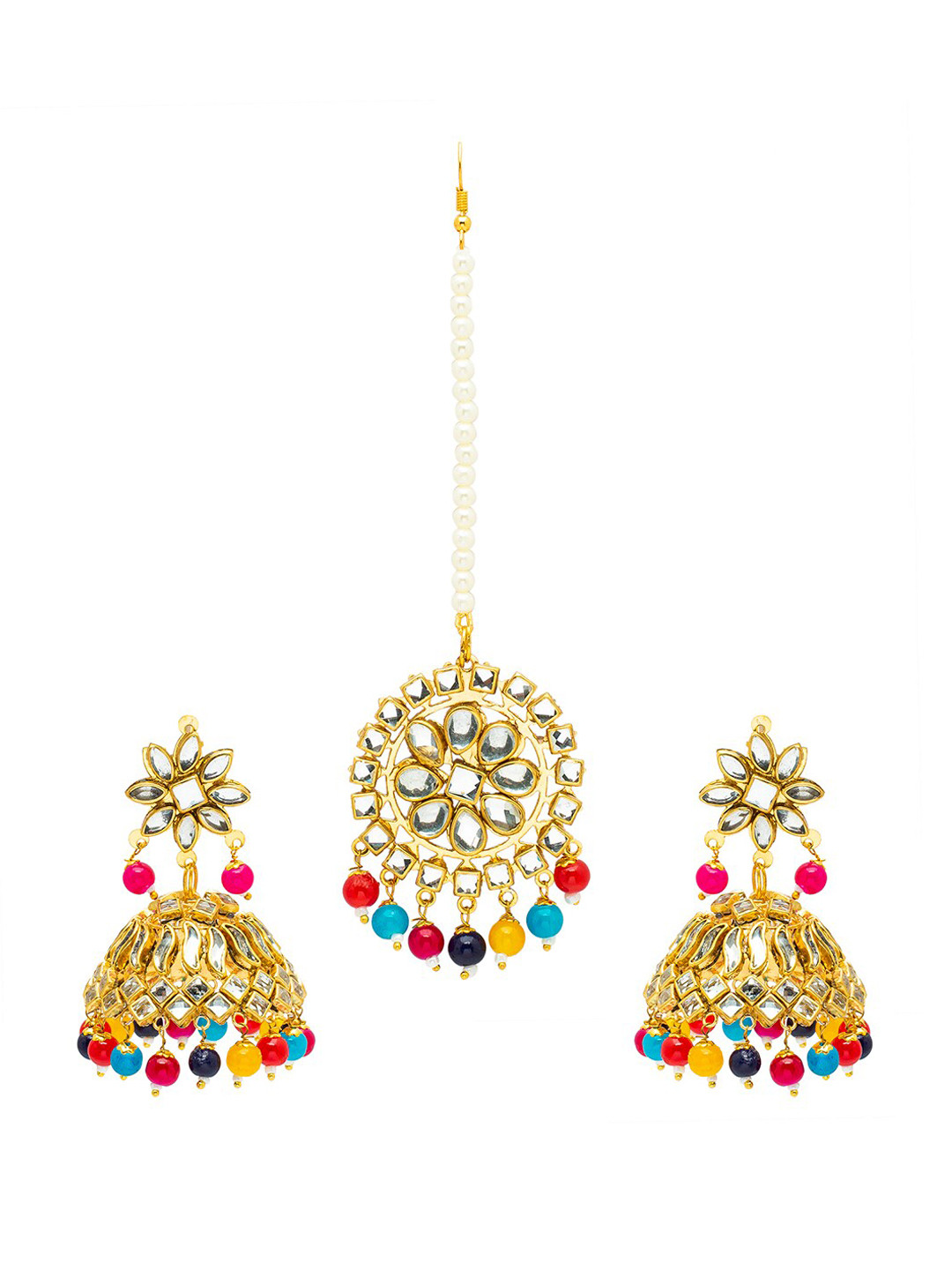 

Shining Jewel - By Shivansh Gold Plated Kundan Jhumkas Earring and Maang Tikka Set