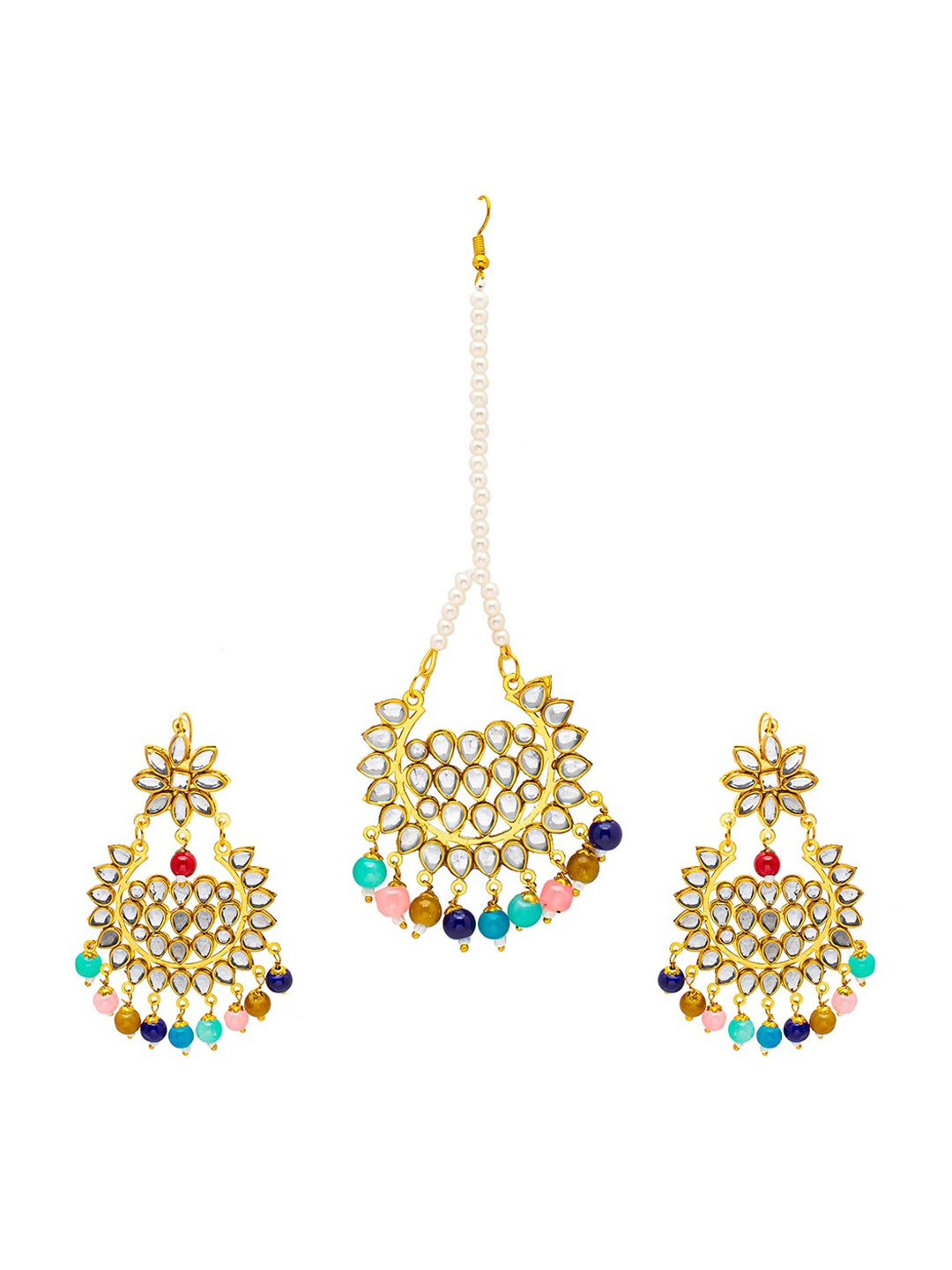 

Shining Jewel - By Shivansh Gold Plated Kundan Jhumkas Earring and Maang Tikka Set