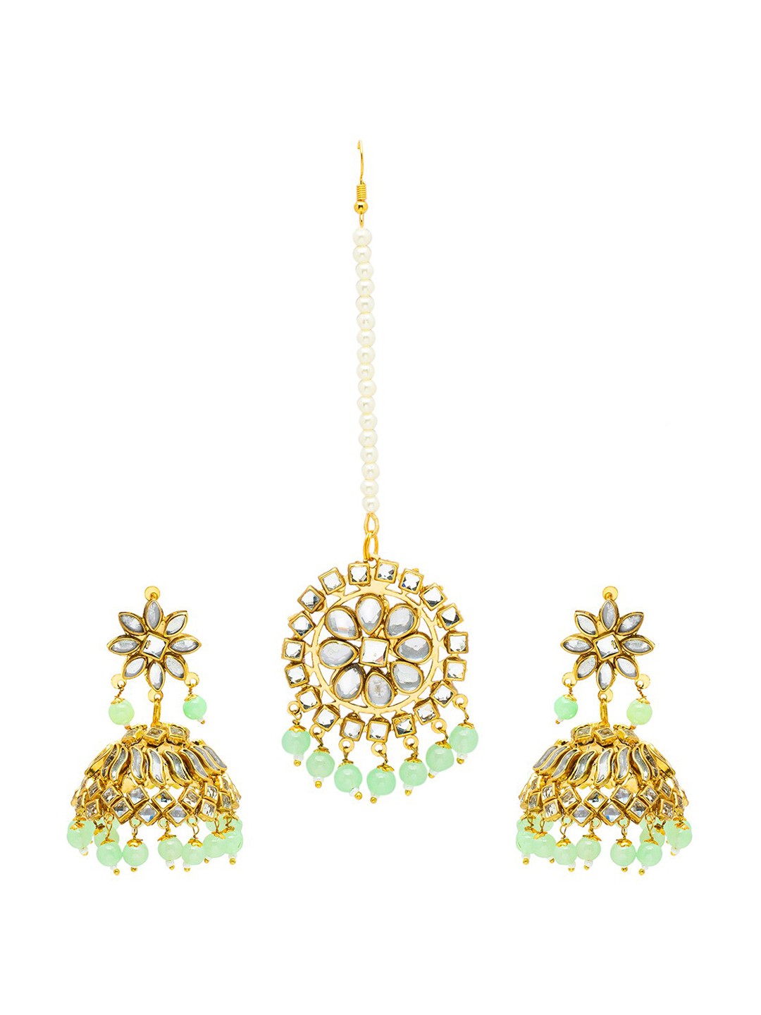 

Shining Jewel - By Shivansh Gold Plated Kundan Jhumkas Earring and Maang Tikka Set