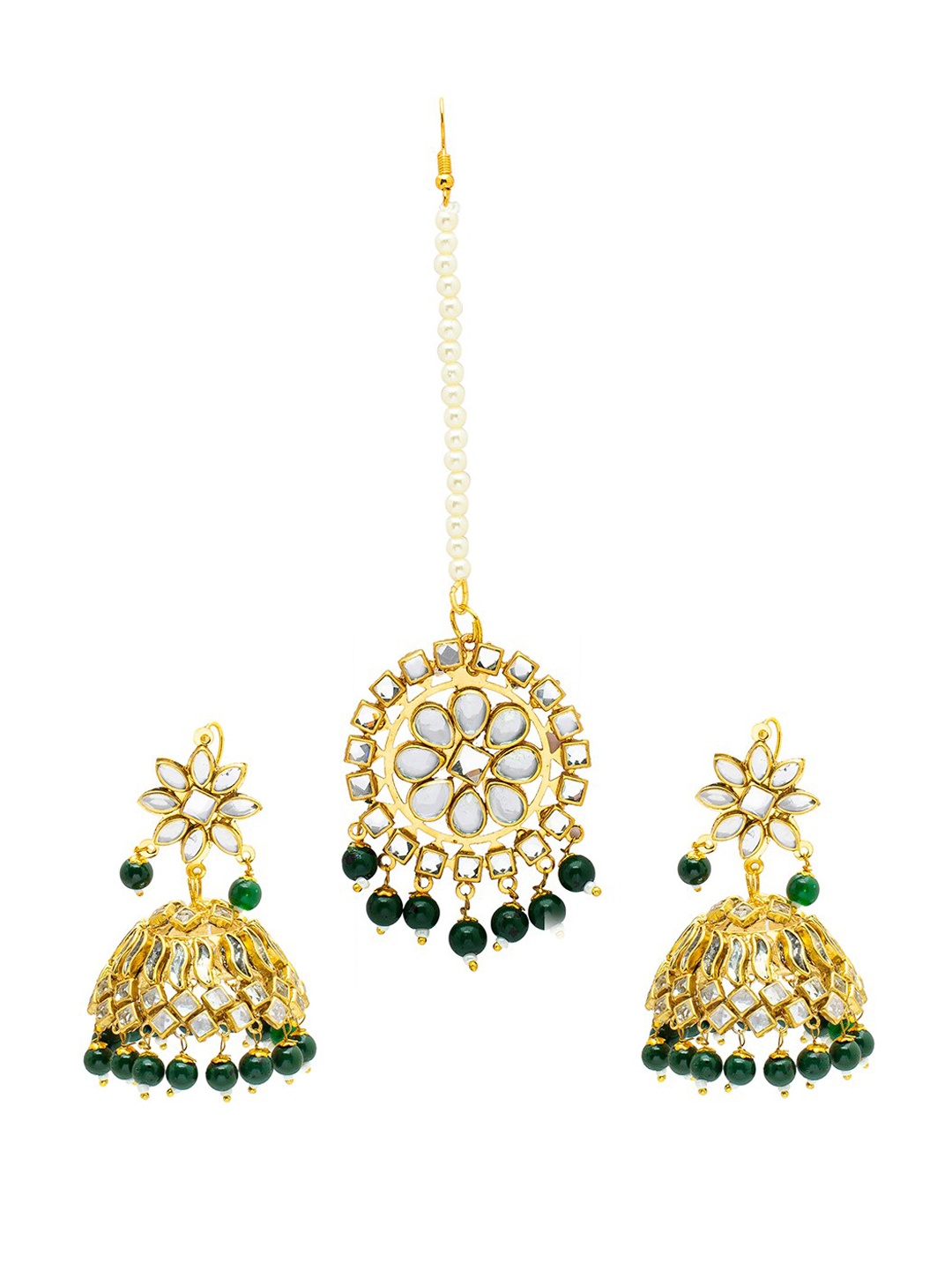 

Shining Jewel - By Shivansh Gold Plated Kundan Jhumkas Earring and Maang Tikka Set