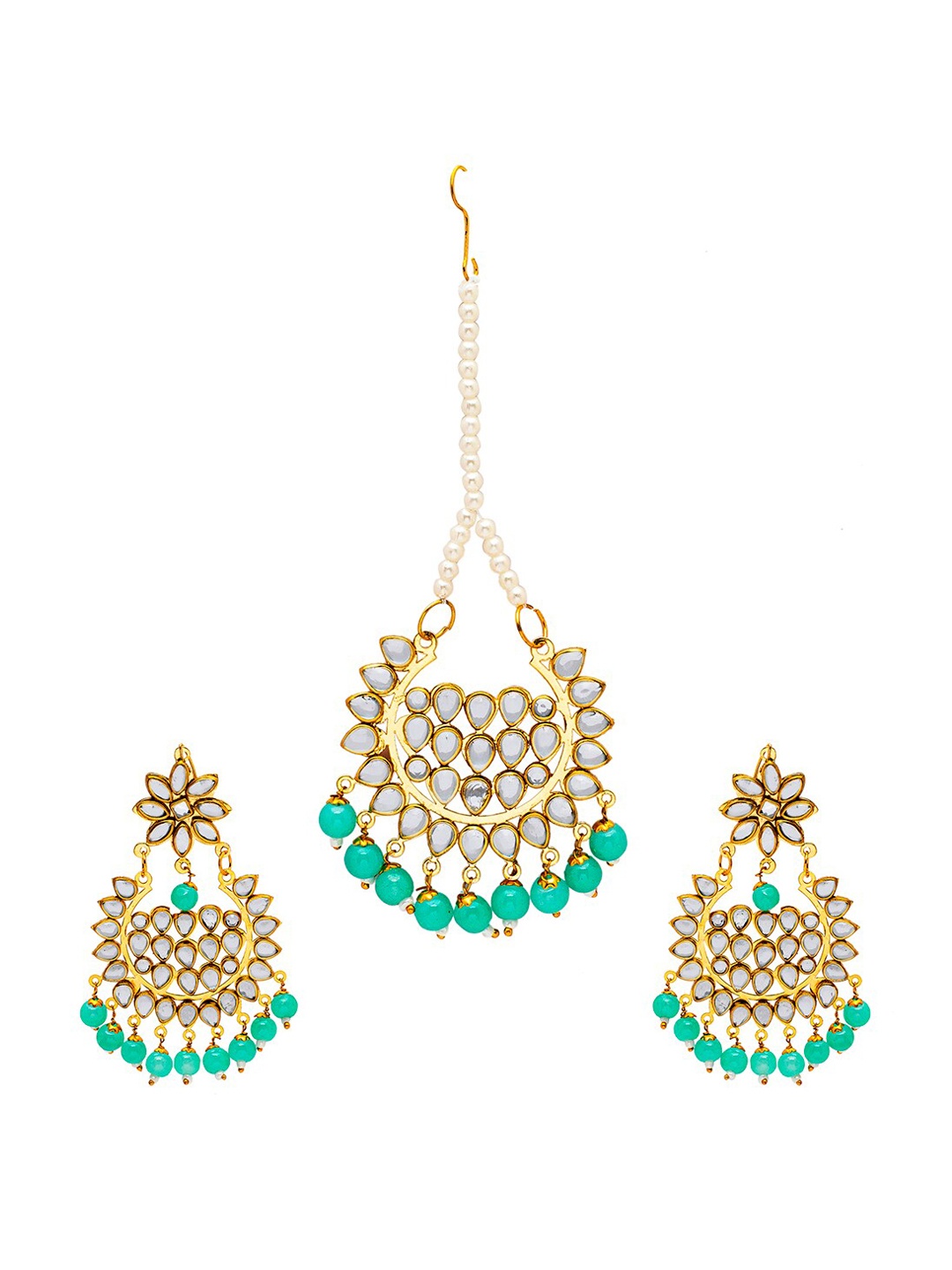 

Shining Jewel - By Shivansh Gold Plated Kundan Jhumkas Earring and Maang Tikka Set