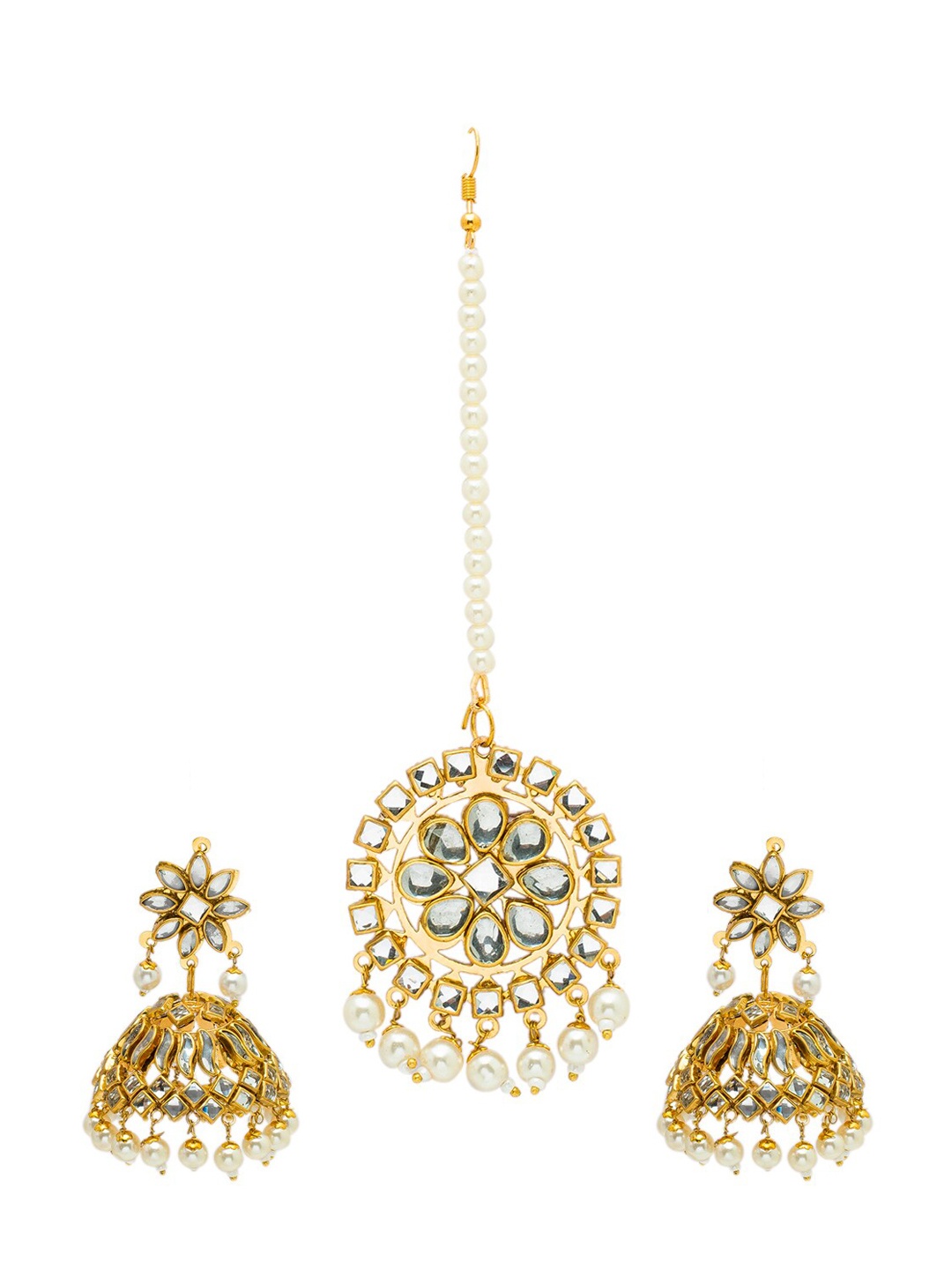 

Shining Jewel - By Shivansh Gold Plated Kundan jhumkas Earring and Maang Tikka Set