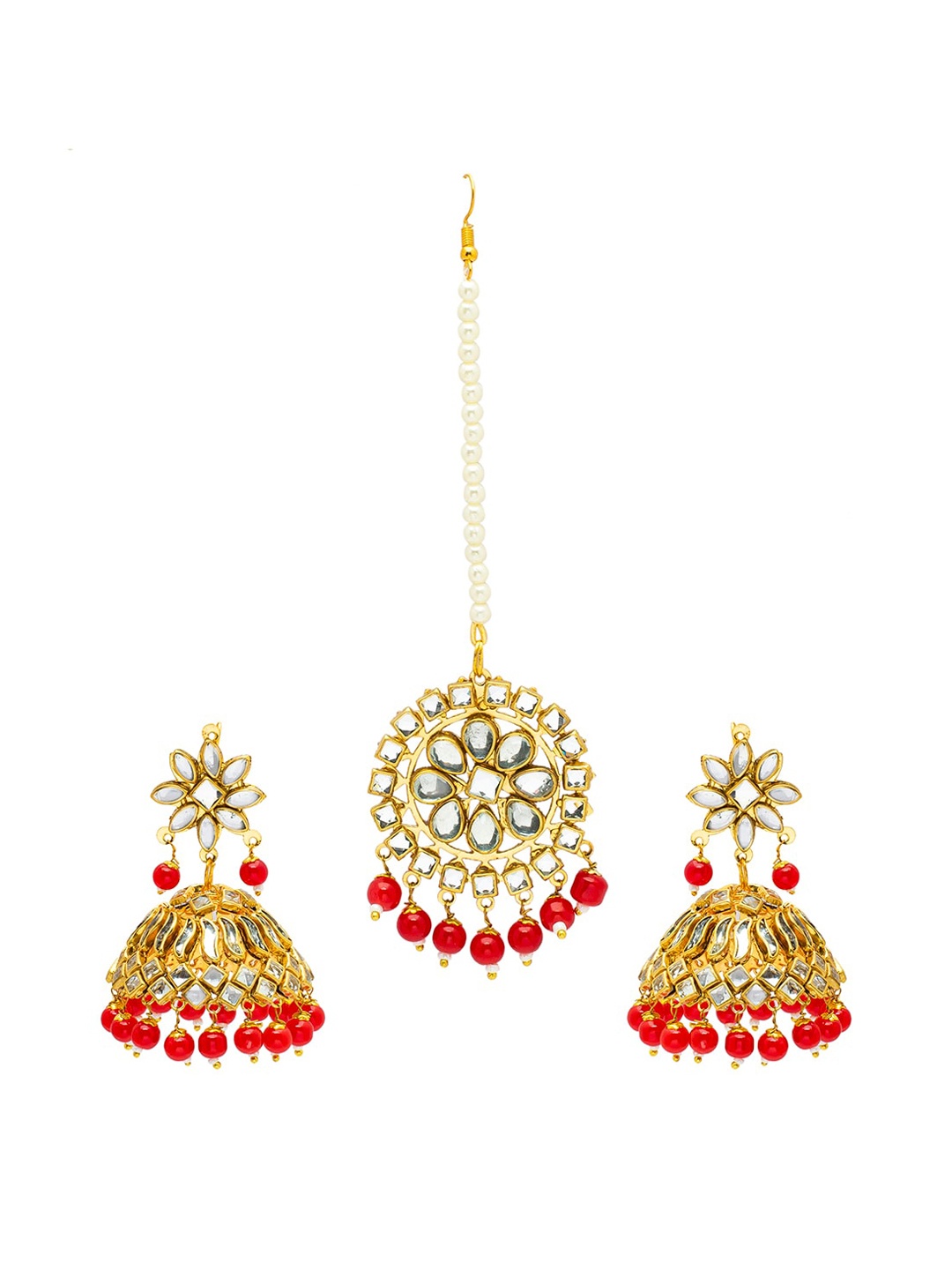 

Shining Jewel - By Shivansh Gold Plated Kundan Jhumkas Earring and Maang Tikka Set