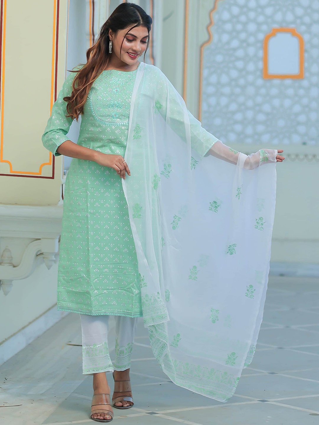 

Ramas Women Floral Printed Mirror Work Pure Cotton Kurta with Trousers & With Dupatta, Green