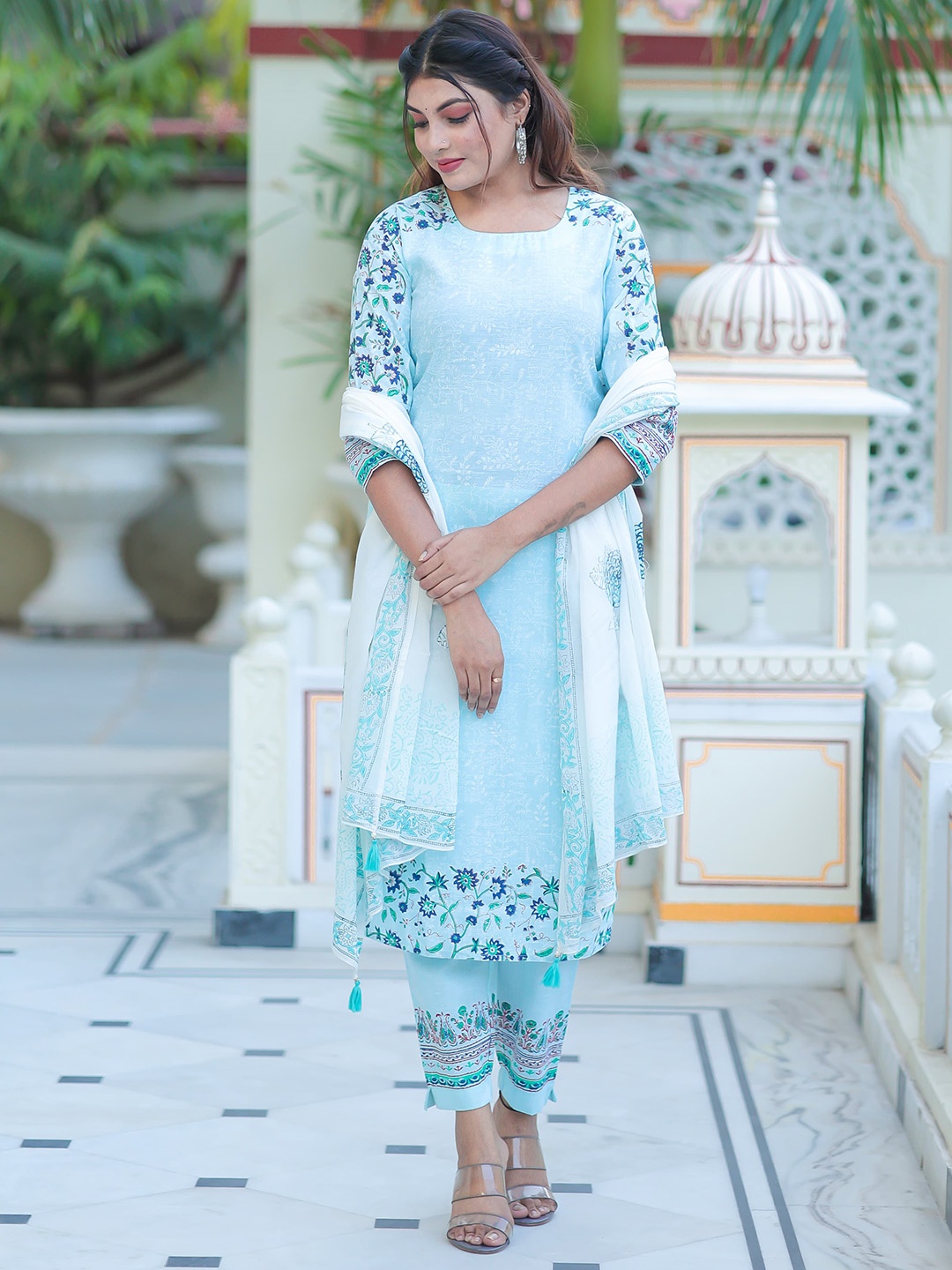 

Ramas Women Floral Printed Pure Cotton Kurta with Trousers & With Dupatta, Turquoise blue