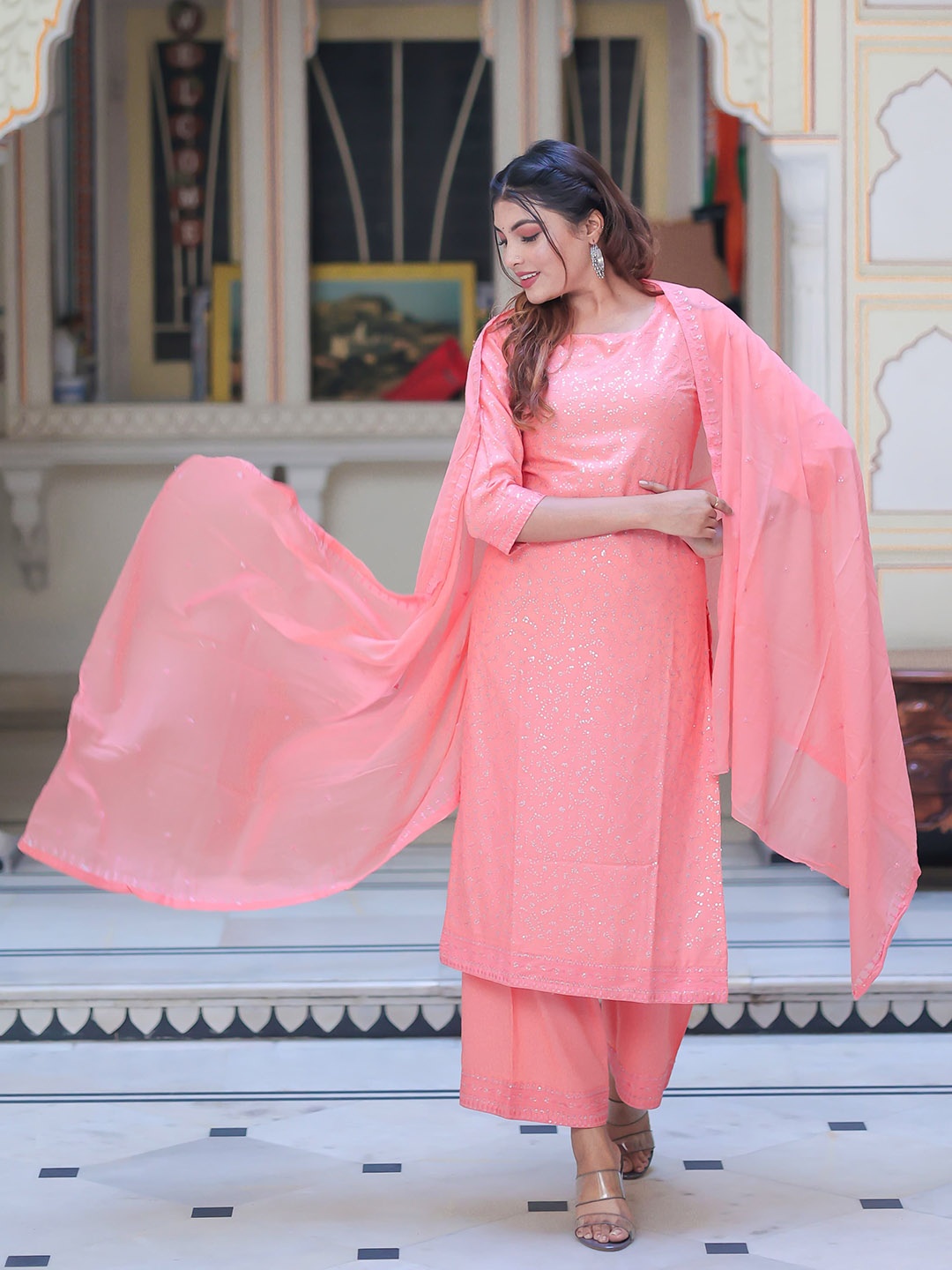 

Ramas Women Embroidered Sequinned Kurta with Palazzos & With Dupatta, Peach