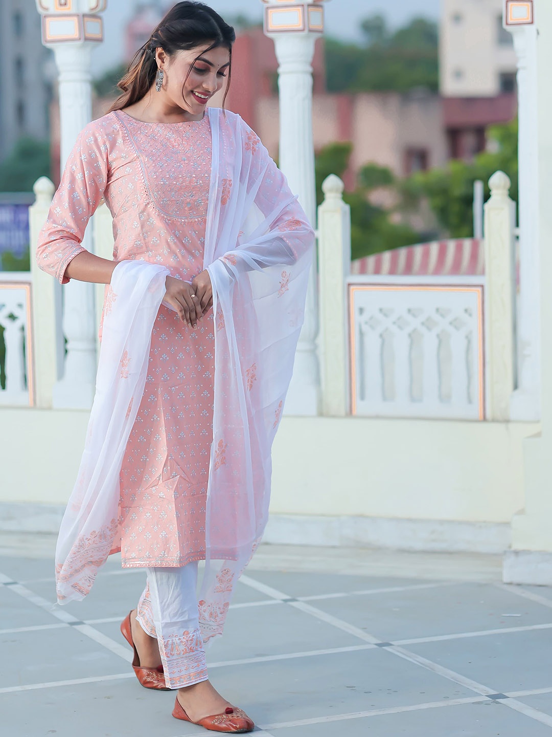 

Ramas Women Floral Embroidered Mirror Work Pure Cotton Kurta with Trousers & With Dupatta, Peach
