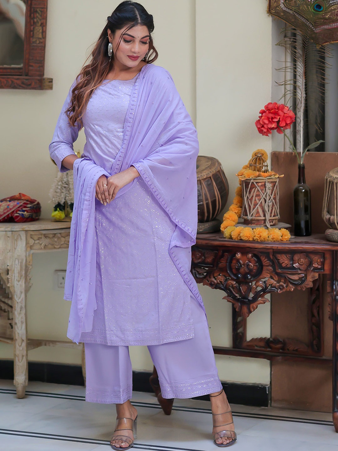 

Ramas Floral Embroidered Sequinned Kurta with Palazzos & With Dupatta, Lavender