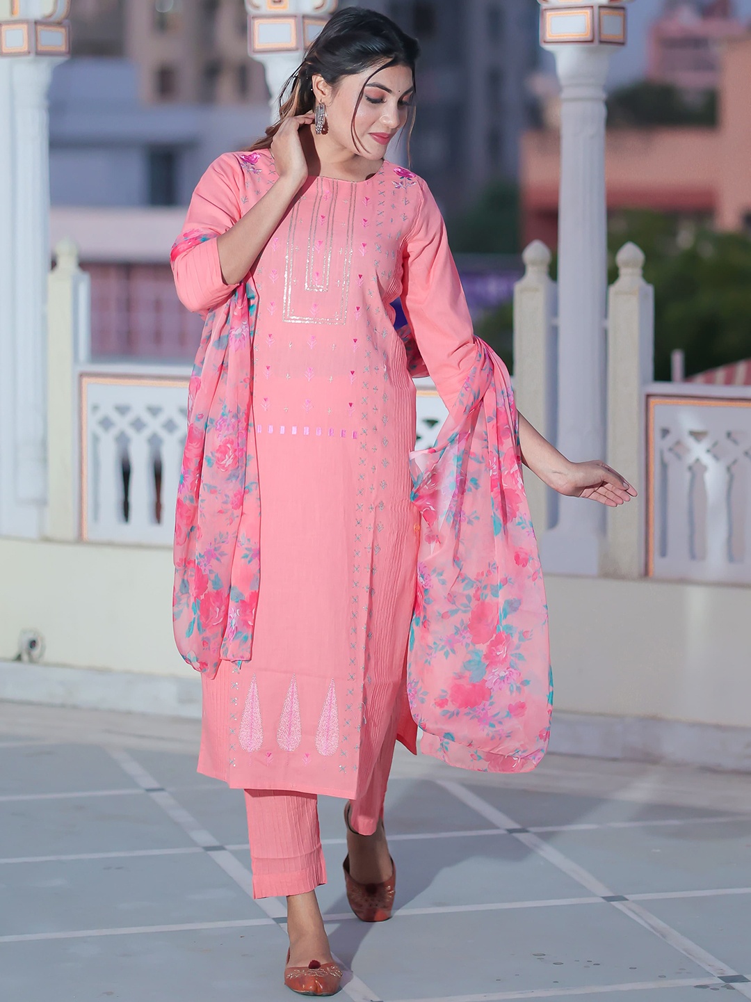 

Ramas Women Embroidered Sequinned Pure Cotton Kurta with Trousers & With Dupatta, Peach