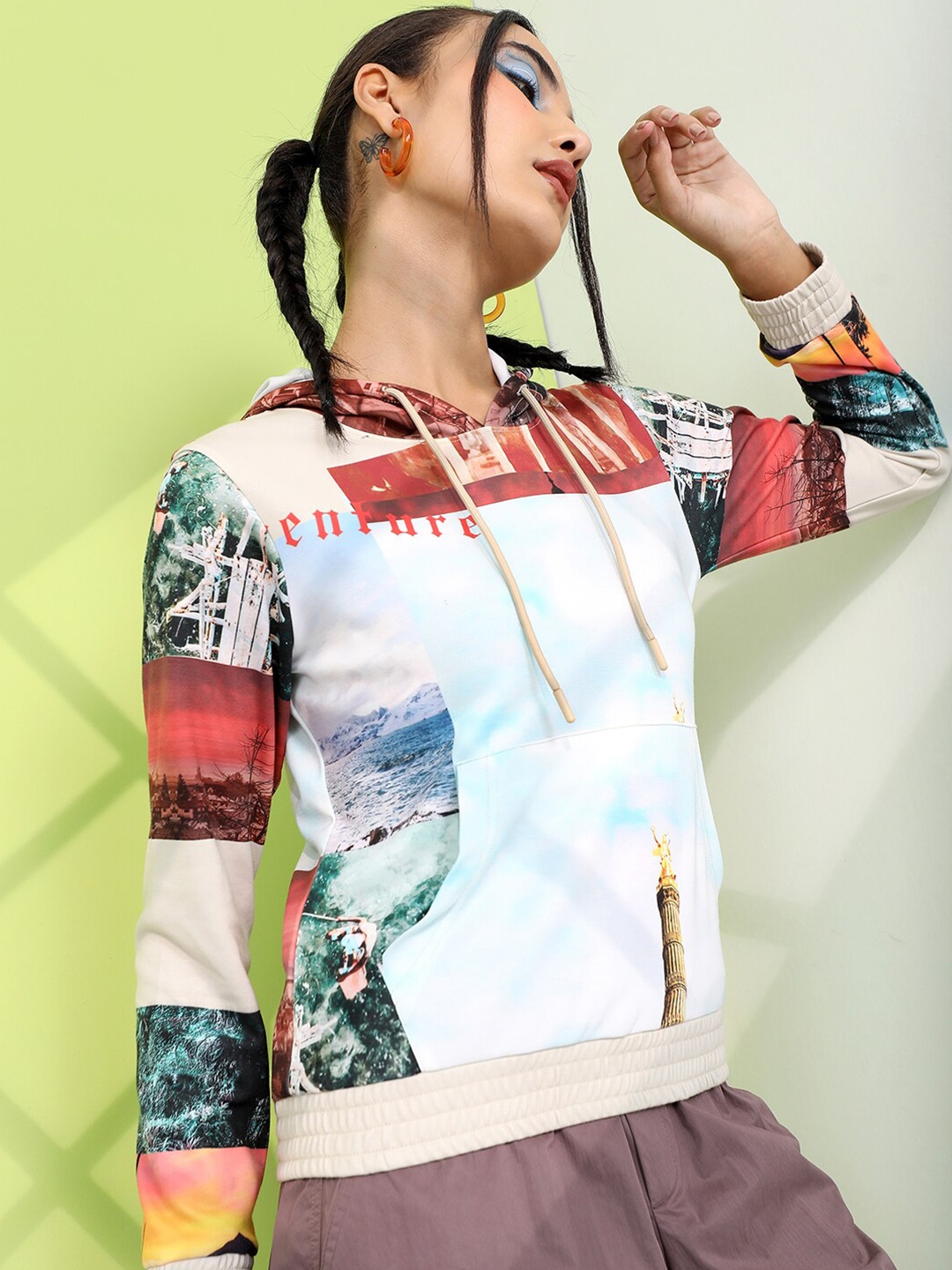 

Tokyo Talkies Women Printed Hooded Sweatshirt, Turquoise blue