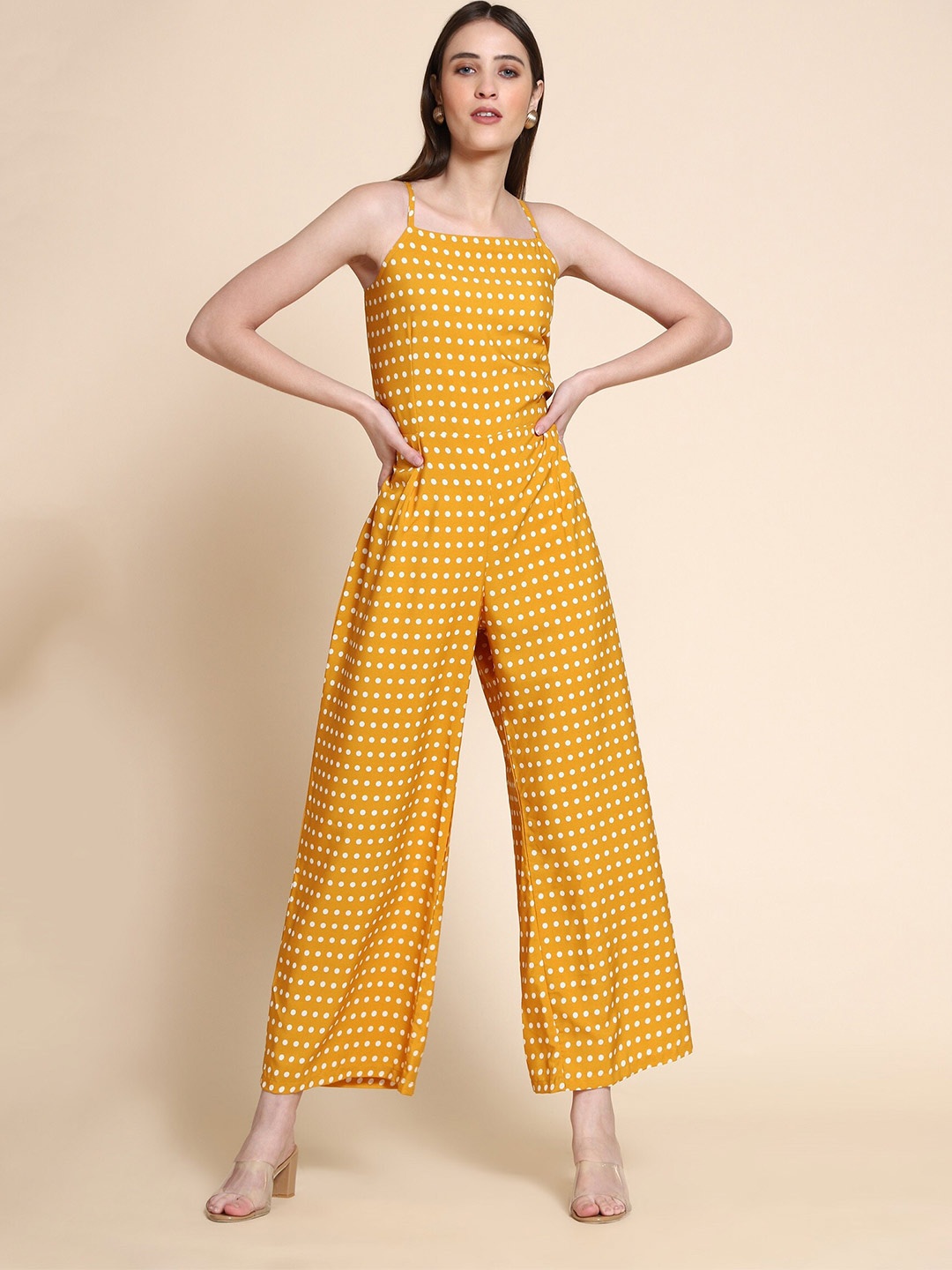 

ARPORA Printed Polka Dot Sleeve less Culotte Jumpsuit, Yellow