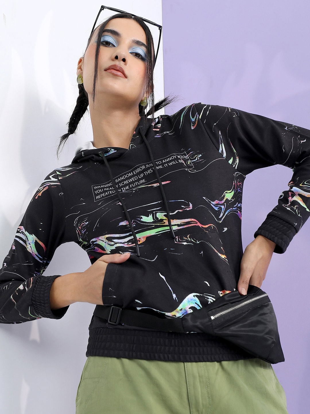 

Tokyo Talkies Women Printed Hooded Sweatshirt, Black