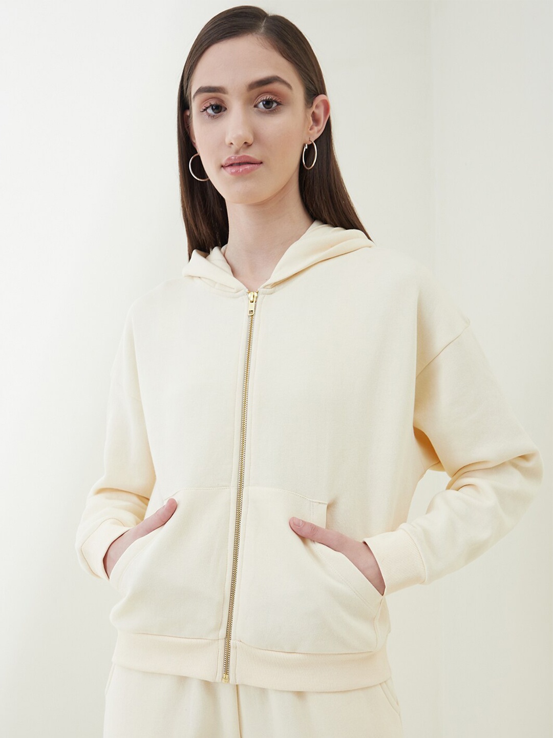 

Femella Women Front-Open Hooded Fleece Sweatshirt, Off white