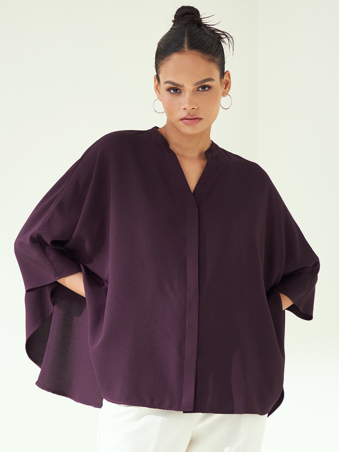 

Femella Women Boxy Kimono Sleeves Casual Shirt, Purple