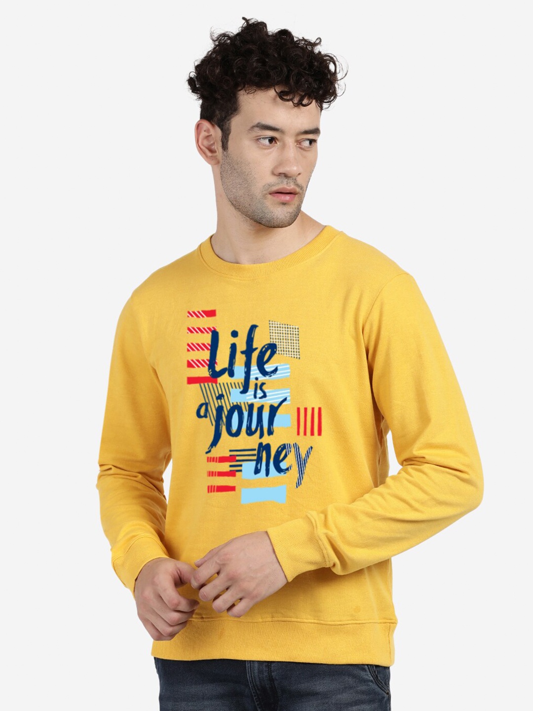 

BLACK RADIO Typography Printed Round Neck Cotton Sweatshirt, Yellow