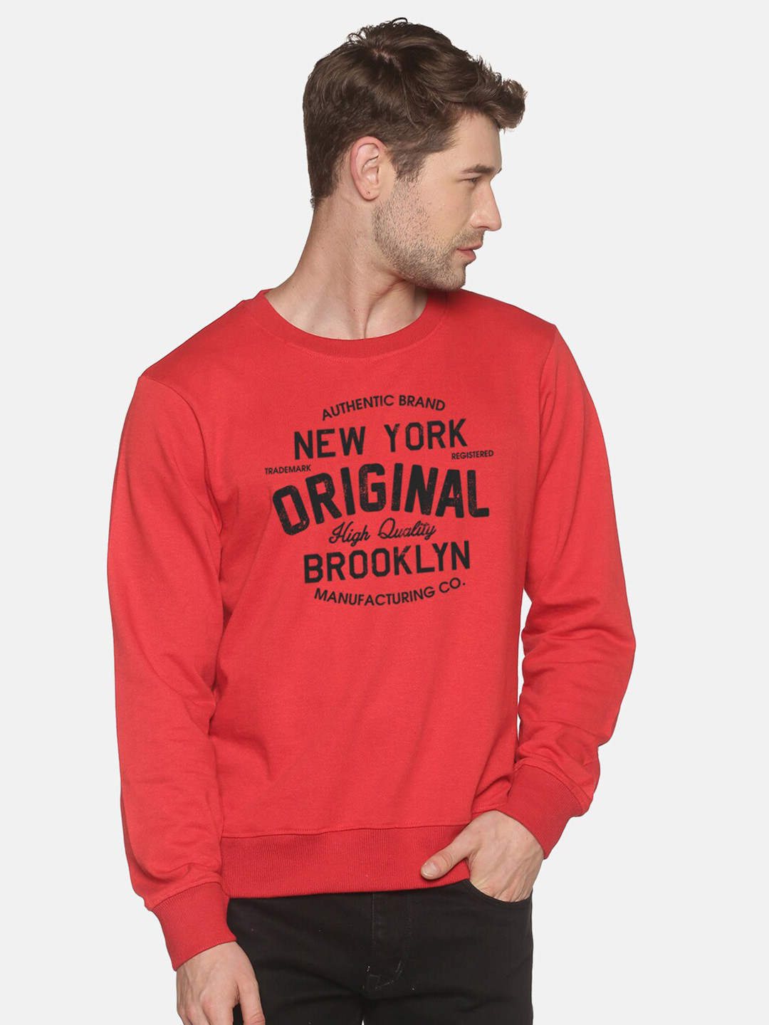 

BLACK RADIO Typography Printed Round Neck Cotton Sweatshirt, Red