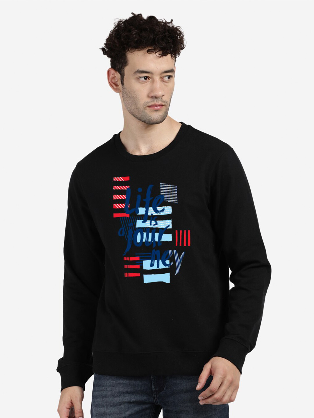 

BLACK RADIO Typography Printed Round Neck Cotton Sweatshirt