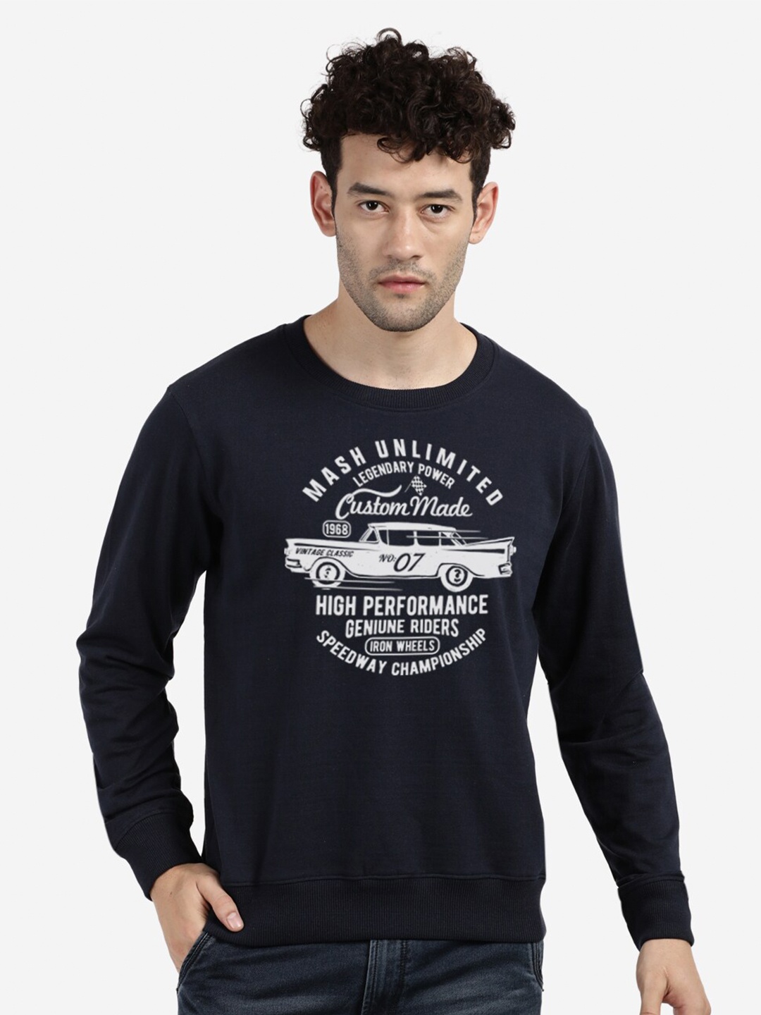 

BLACK RADIO Typography Printed Round Neck Cotton Sweatshirt, Navy blue