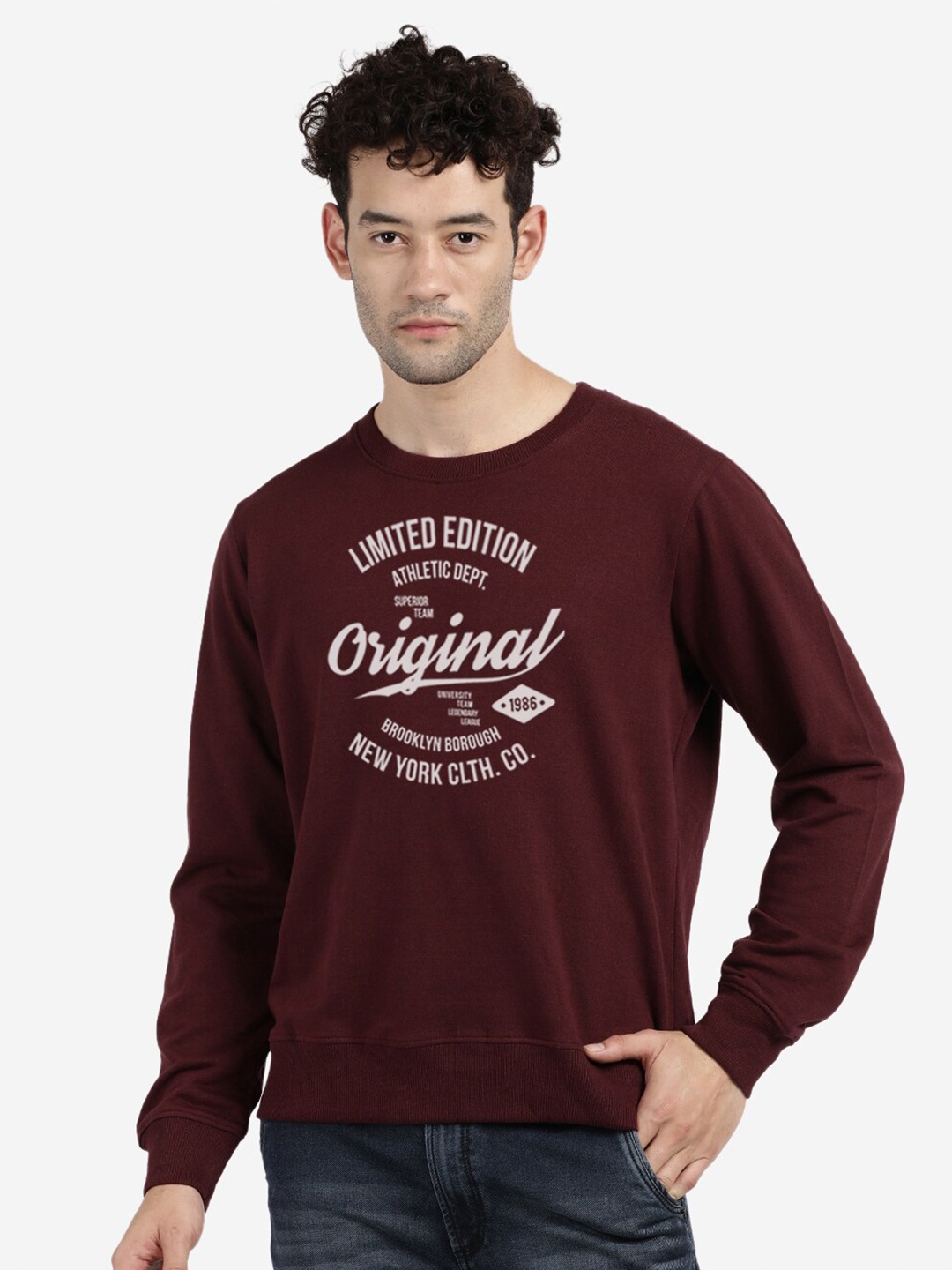 

BLACK RADIO Typography Printed Round Neck Cotton Sweatshirt, Maroon