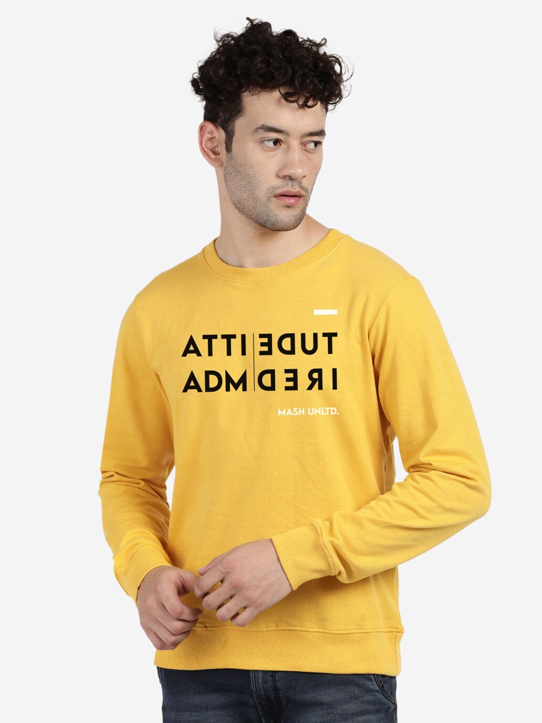 

BLACK RADIO Typography Printed Round Neck Cotton Sweatshirt, Yellow