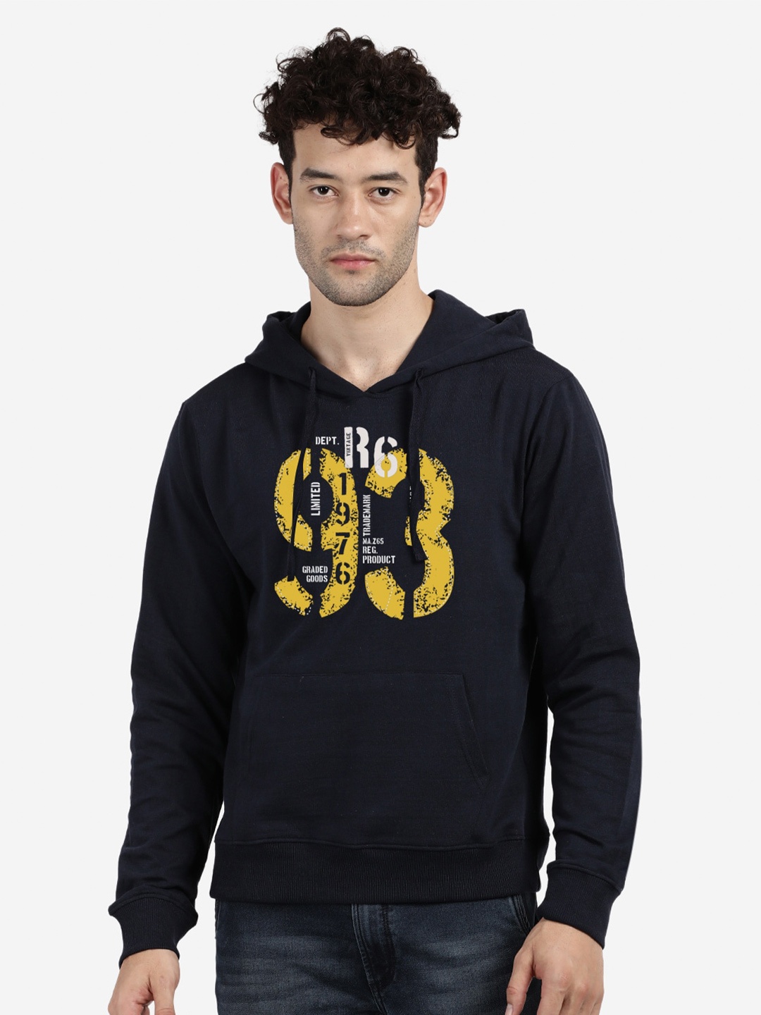 

BLACK RADIO Typography Printed Hooded Cotton Sweatshirt, Navy blue