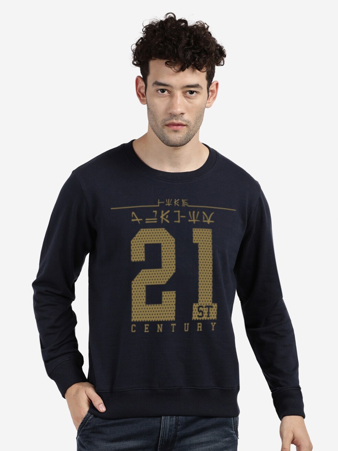 

BLACK RADIO Typography Printed Round Neck Cotton Sweatshirt, Navy blue