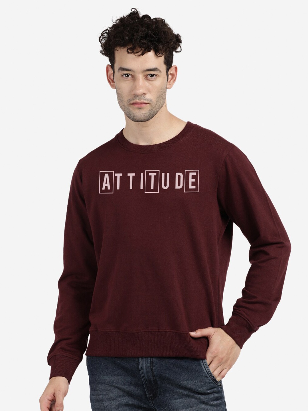 

BLACK RADIO Typography Printed Round Neck Cotton Sweatshirt, Maroon