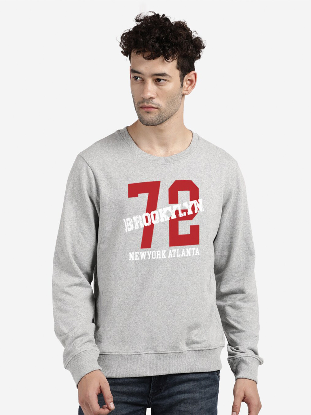

BLACK RADIO Typography Printed Round Neck Cotton Sweatshirt, Grey