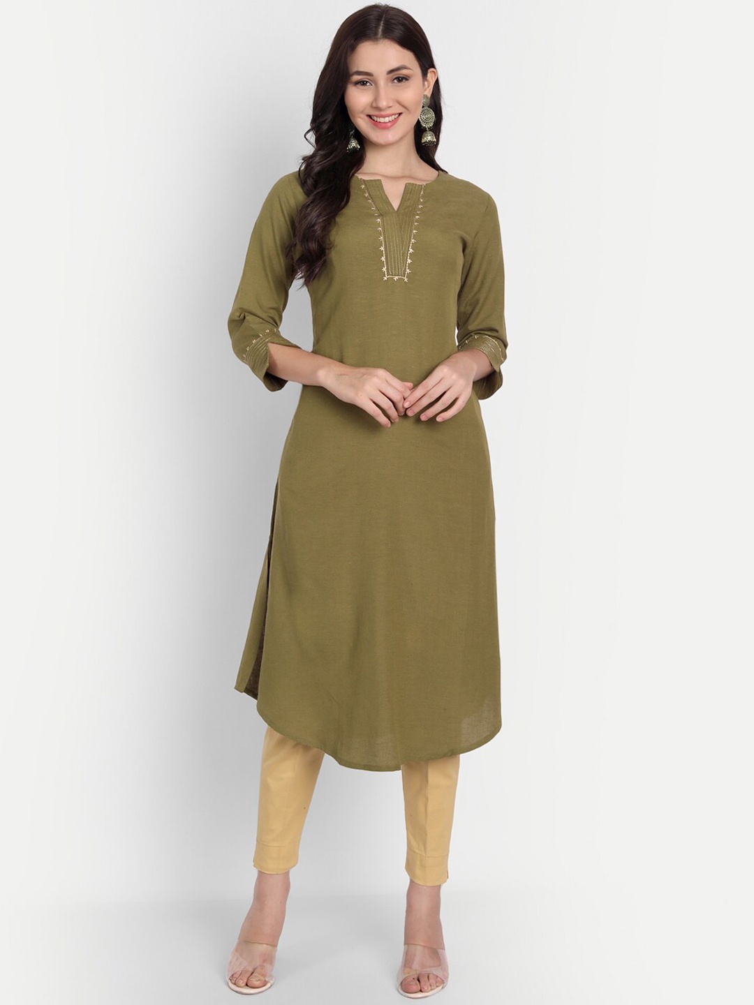 

SUTI Thread Work Round Neck A-Line Kurta, Green