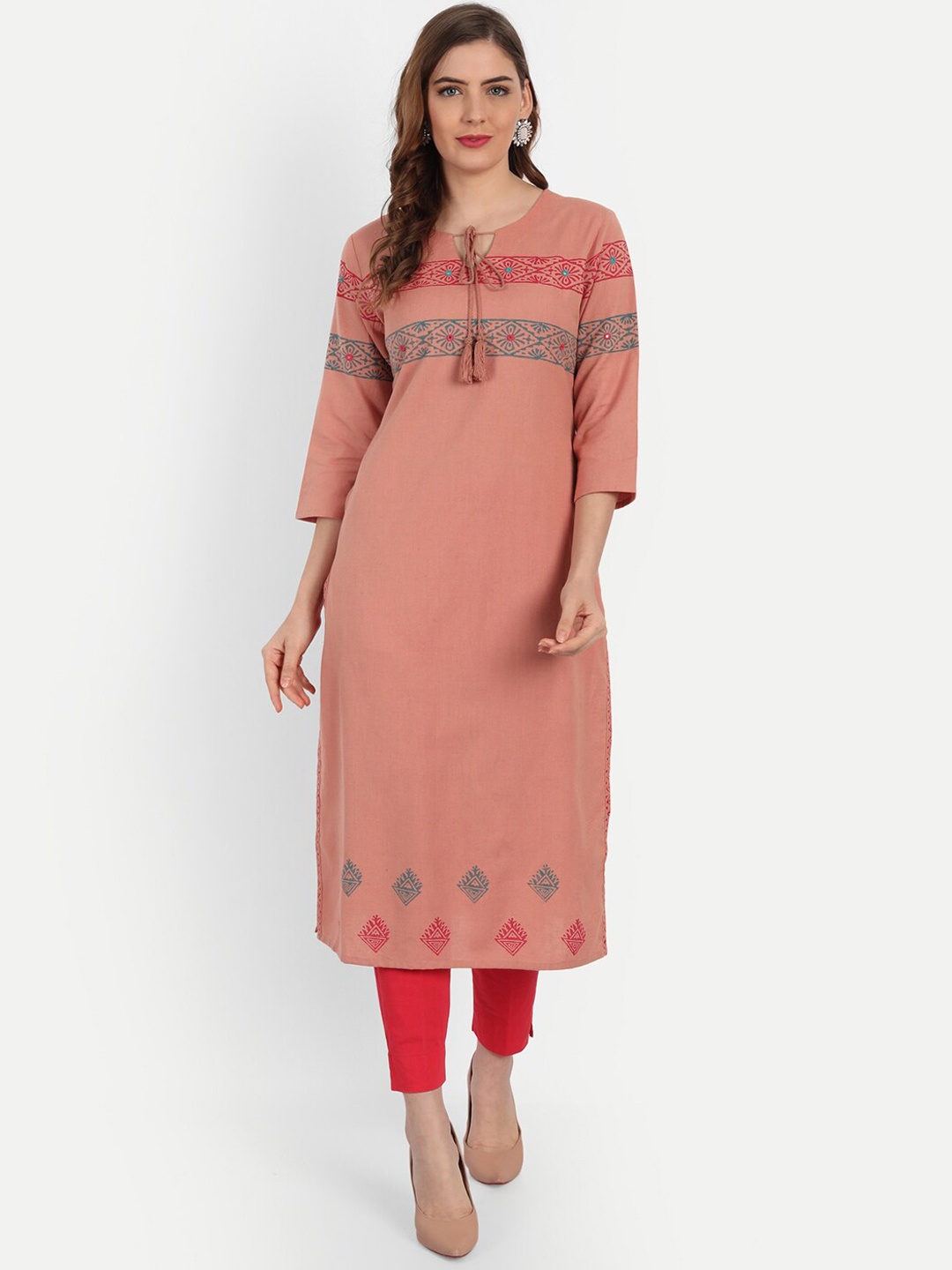 

SUTI Tie-Up Neck Geometric Printed Mirror Work Cotton Kurta, Pink