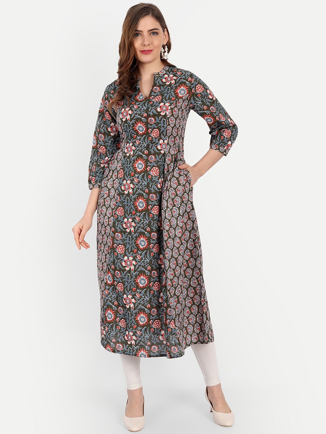 

SUTI Mandarin Collar Floral Printed A-line Cotton Kurta, Olive
