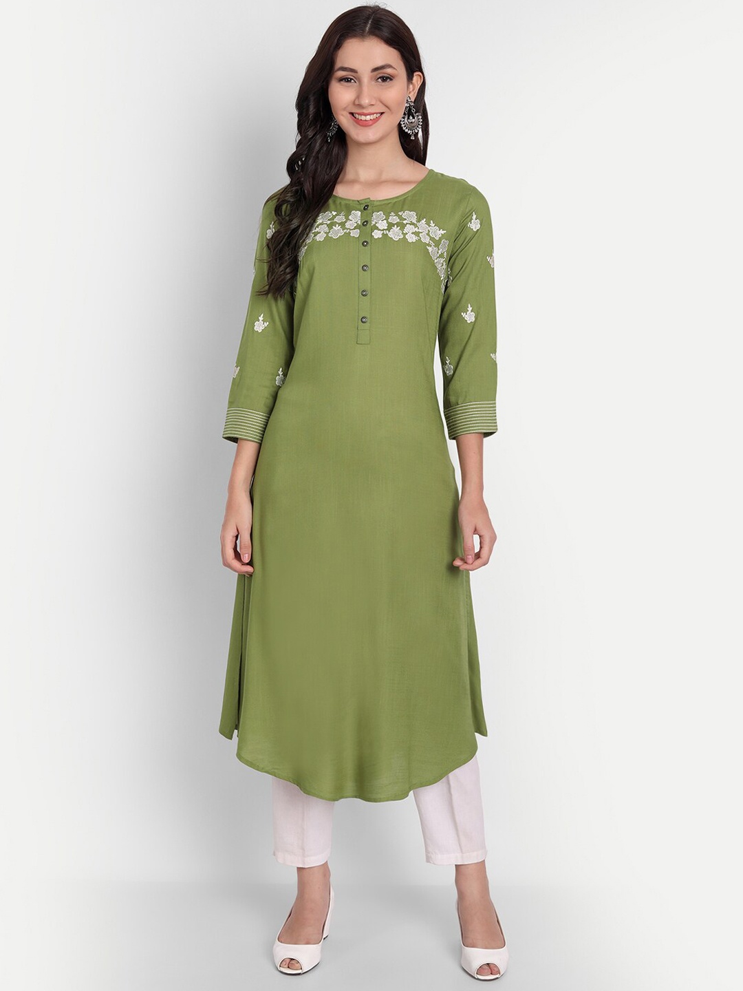 

SUTI Floral Embroidered Thread Work Kurta, Olive