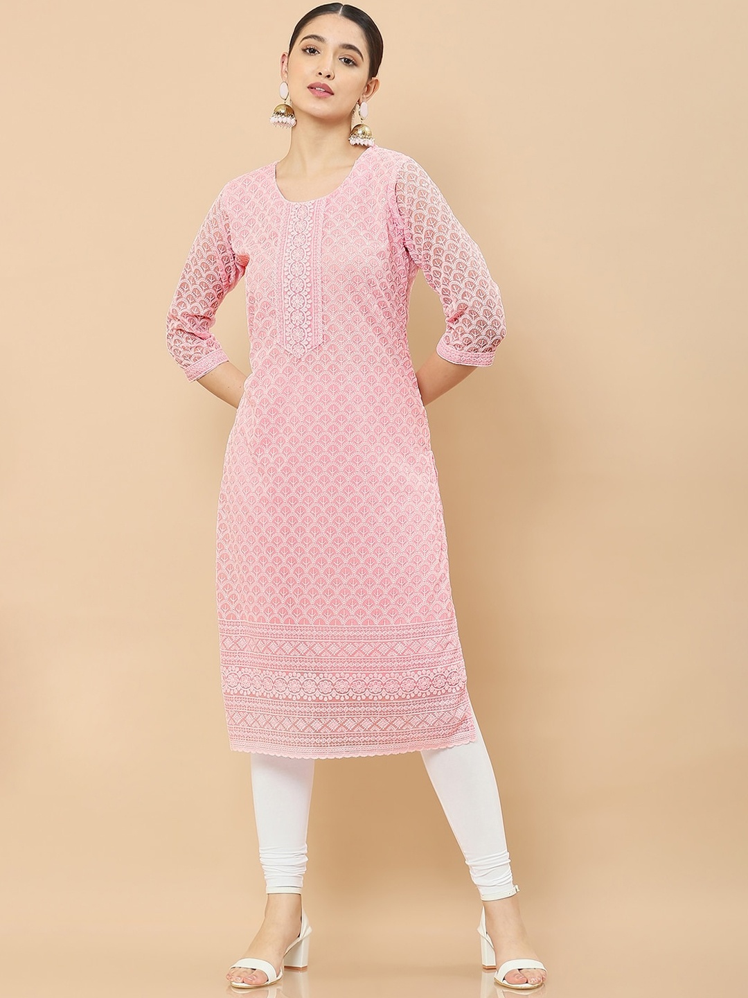 

Soch Ethnic Motifs Woven Design Round Neck Kurta, Pink