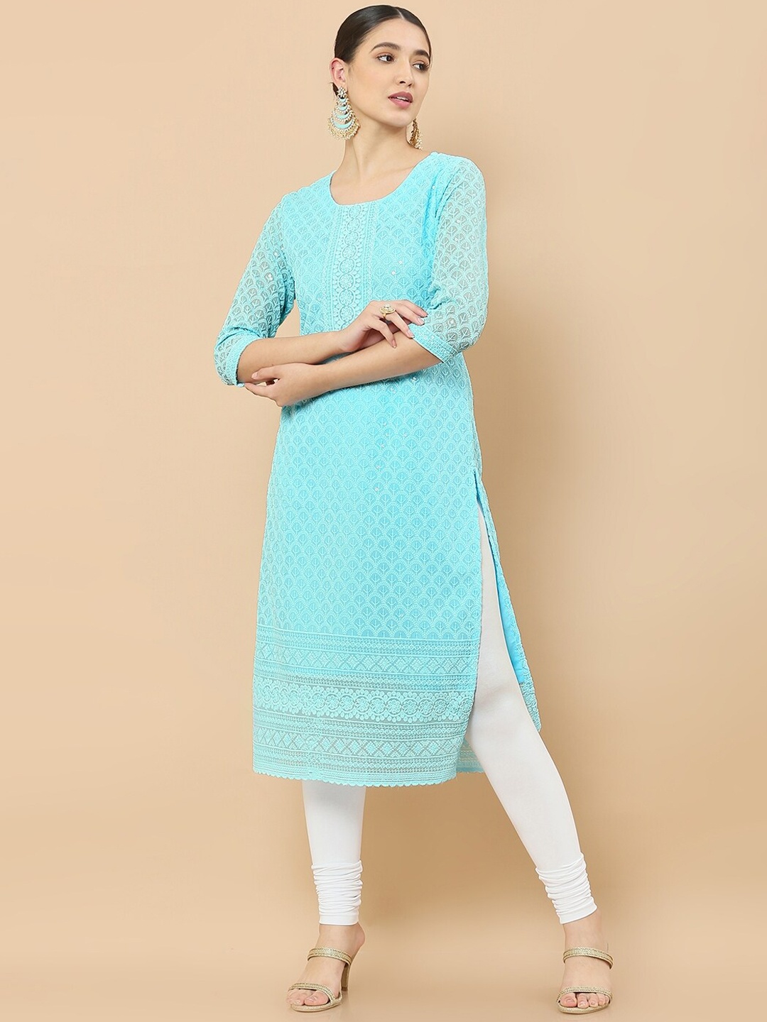

Soch Women Blue Ethnic Motifs Embroidered Chikankari Georgette Kurta
