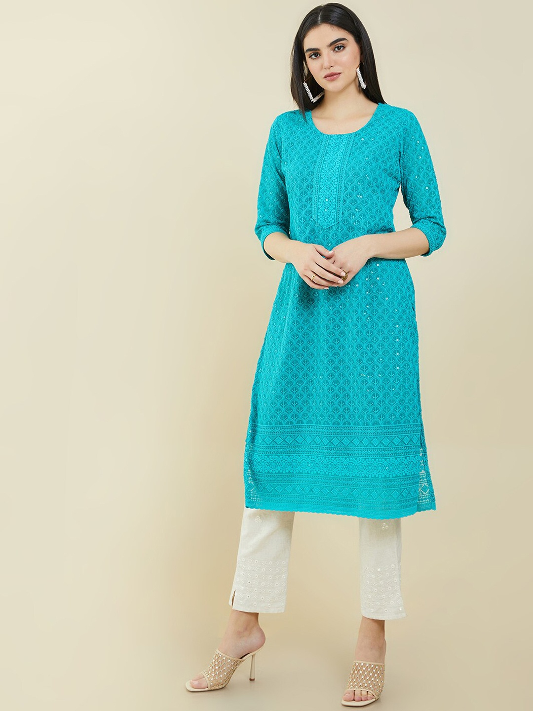 

Soch Ethnic Motifs Georgette Round Neck Sequins Kurta, Turquoise blue