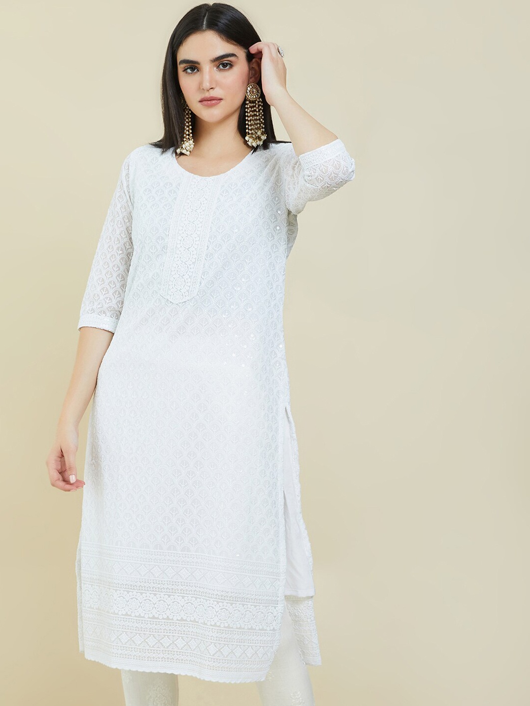 

Soch Ethnic Motifs Woven Design Round Neck Kurta, White