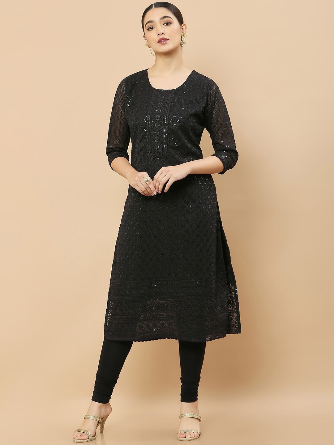 

Soch Ethnic Motifs Woven Design Georgette Kurta, Black