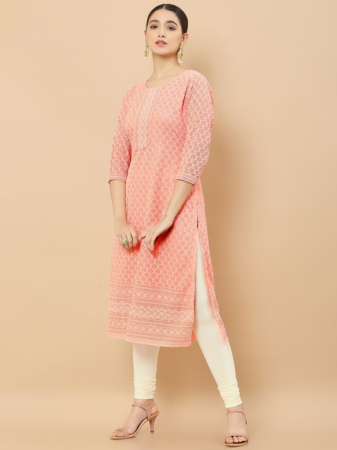 

Soch Ethnic Motifs Sequins Straight Regular Georgette Kurta, Pink