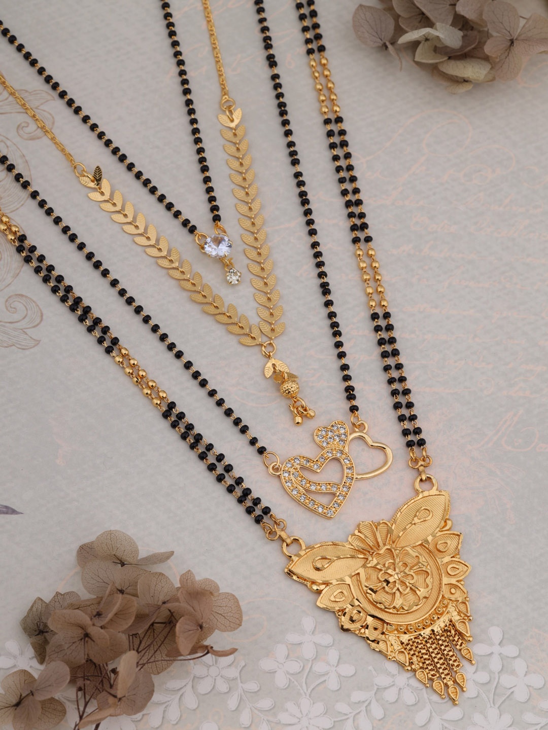 

Brado Jewellery Set of 4 Gold-Plated Stone-Studded & Beaded Mangalsutra