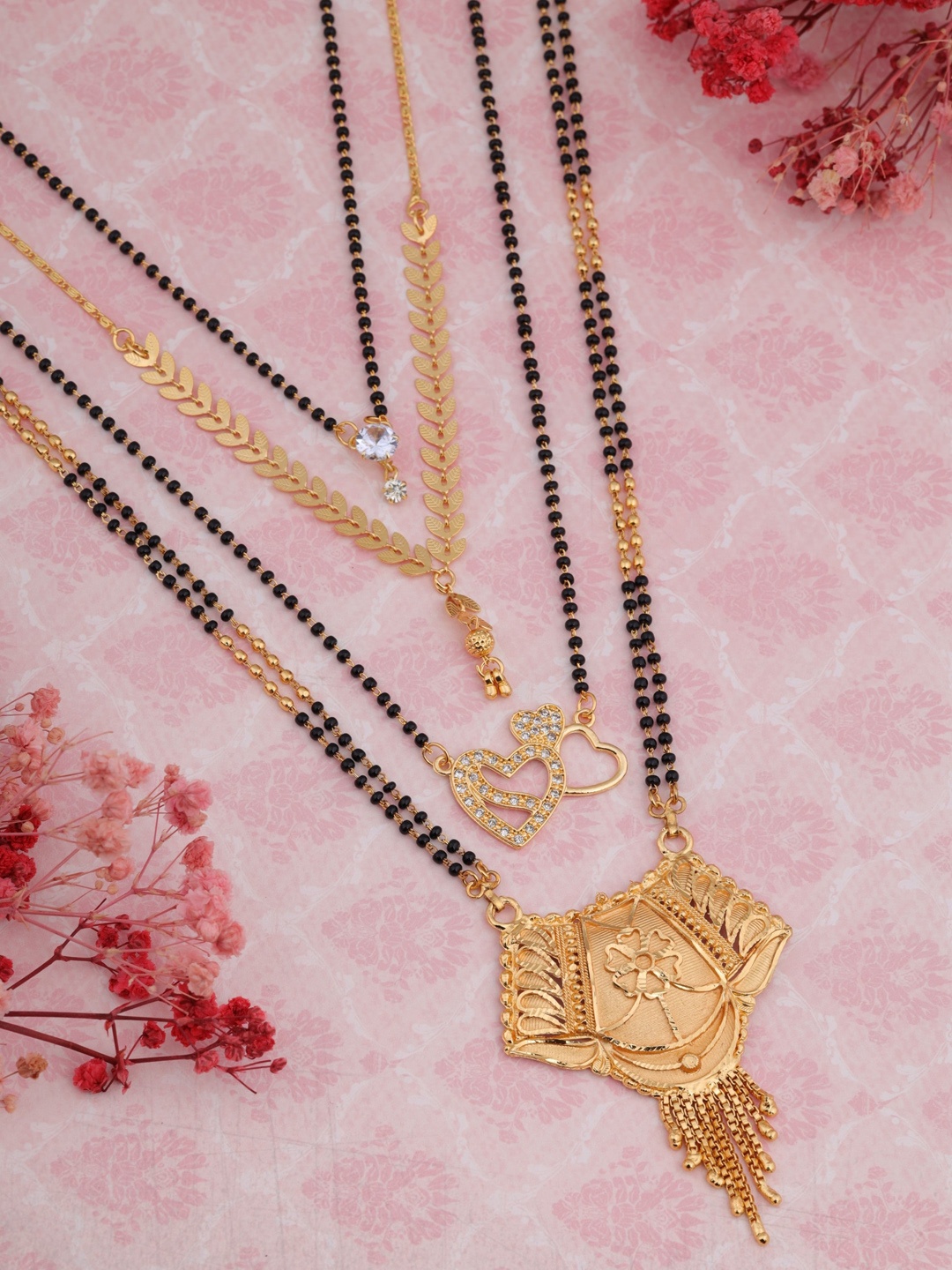 

Brado Jewellery Set Of 4 Gold-Plated Stone-Studded & Beaded Mangalsutra