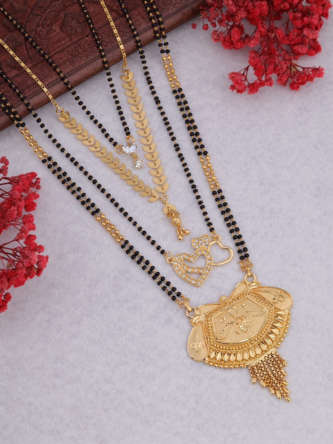

Brado Jewellery Set Of 4 Gold-Plated Stone-Studded & Beaded Mangalsutra