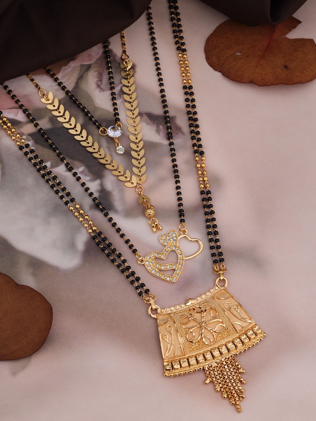 

Brado Jewellery Set Of 4 Gold-Plated Stone-Studded & Beaded Mangalsutra