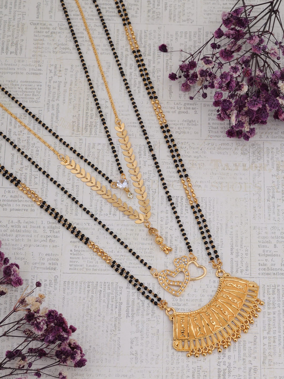 

Brado Jewellery Set Of 4 Gold-Plated Stone-Studded & Beaded Mangalsutra