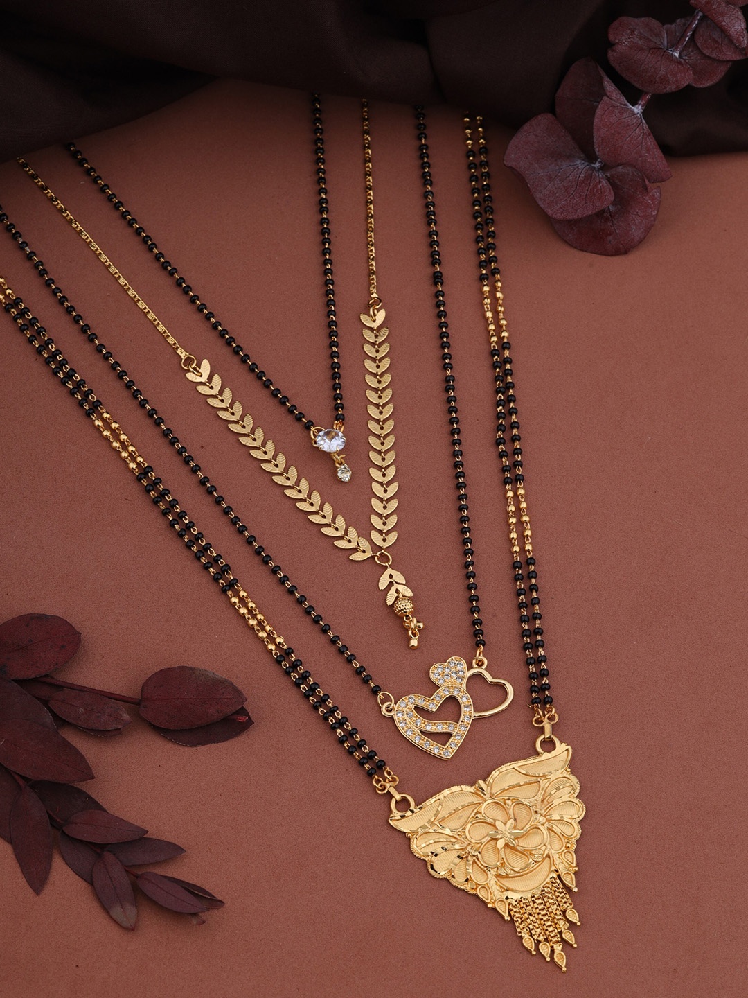 

Brado Jewellery Set Of 4 Gold-Plated Stone-Studded & Beaded Mangalsutra