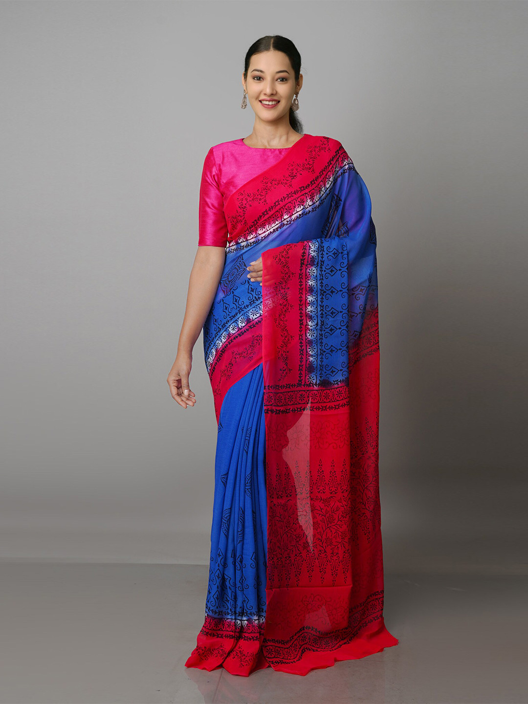 

Unnati Silks Floral Silk Blend Block Print Saree, Blue
