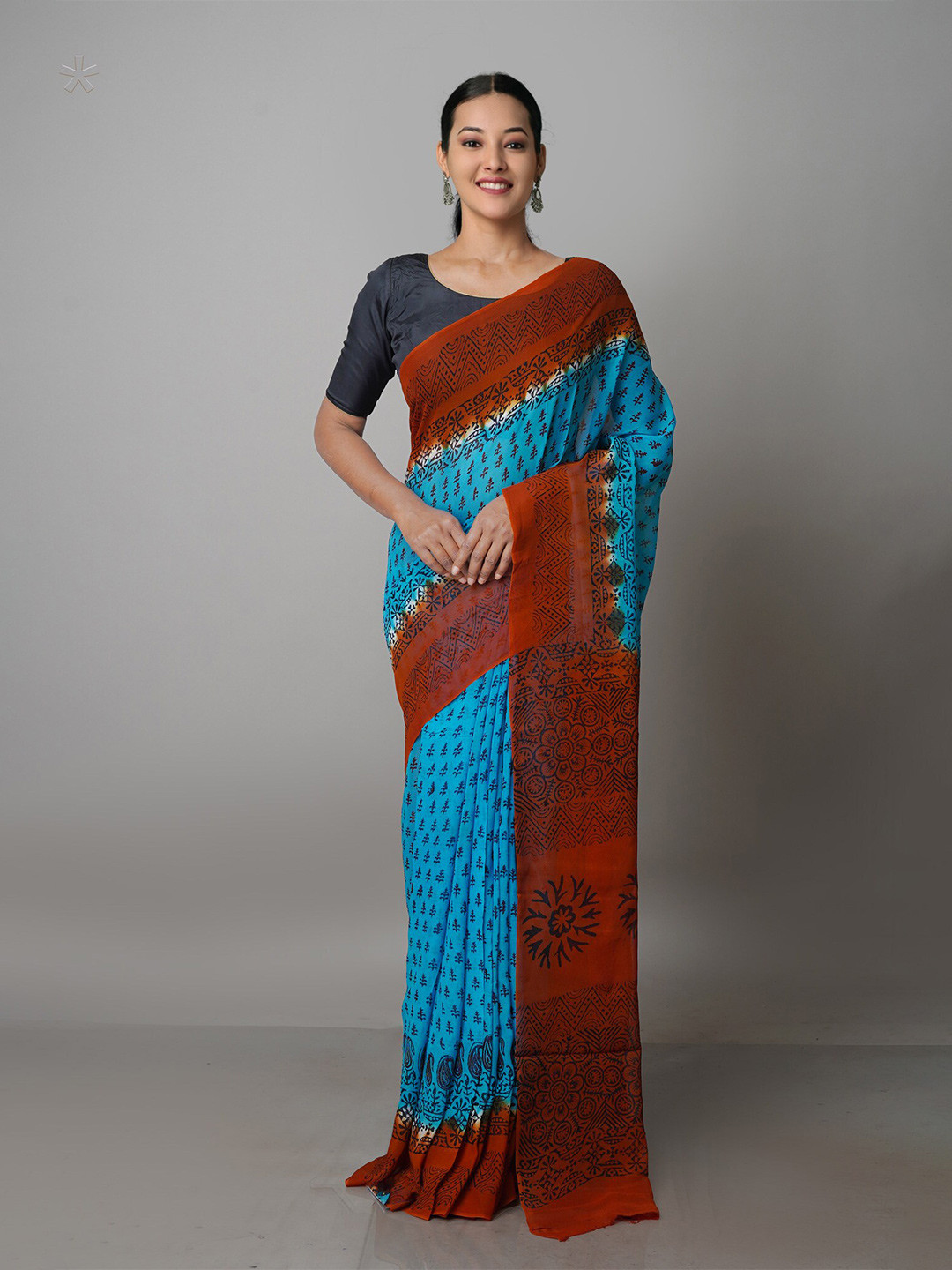 

Unnati Silks Ethnic Motifs Silk Blend Block Print Saree, Blue